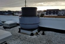 One of six (6) Hartzell Series 88 FRP size 40, centrifugal exhausters. Upblast belt drive design with FRP housing, curb cap, motor cover and solid one piece FRP wheel. Performance 22,000 CFM each applied to wastewater pumping station exhaust.