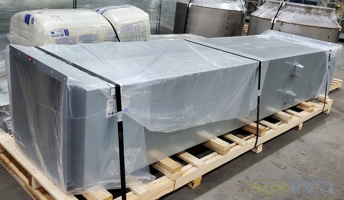 Exhaust fan discharge silencer prepped to ship.