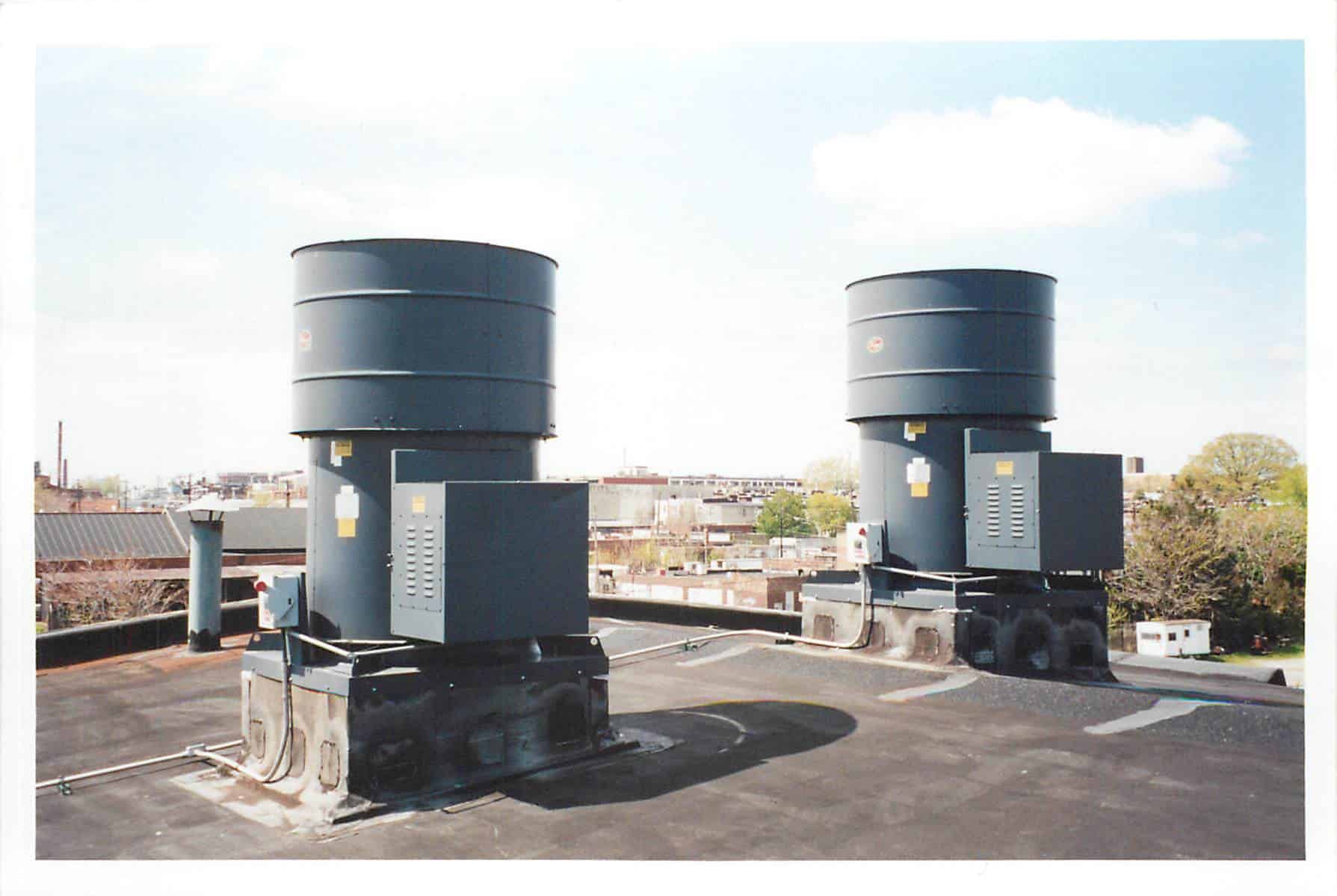 Roof-mounted Hartzell FRP exhaust fan with discharge stack