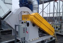 Cincinnati Fan Model RBE-21 ARR-9, 12,000 CFM, rooftop mounted, epoxy coated dust collector fan.