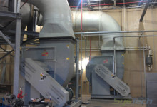 Two (2) Hartzell Air Movement FRP Series 41 BC centrifugal fans size 60, exhausting ambient air from a sludge drying room.