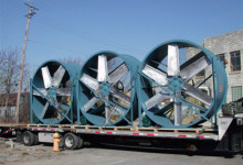 Hartzell Air Movement Model Adjustable Pitch Vaneaxial Fans applied to Air-to-Air Heat Exchangers, 12 foot in diameter.