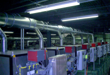 Typical Donaldson EZ Duct, quick assembly, “clamp together” exhaust system. System is complete with straight duct runs, elbows, reducers, branches, and shut-off gates.