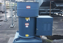 Hartzell model A69S--246WB---ALFCK36 “swing out” Axial Exhaust Fan handling caustic chemicals used in poultry processing. Fan wheel assembly is hinged to the fan body and swings out for easy cleaning of fan interior. Six fans totaling 57,600 CFM of exhaust airstream.