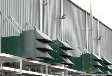 Compressor building ventilation with Systech Lo-Noise Filtered In-take Modules designed for interior heat relief while meeting exterior strict noise criteria. Twelve units totally 260,000 cfm and noise level of 40 dBA at 50’.