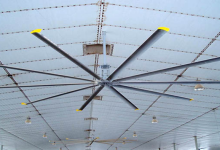 HVLS fans, 24’ diameter, designed to redistribute heated air within the enclosure. Each fan moves 397,000 CFM at 59 dBA