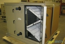Insulated EXP rated air handler One of two units, each delivering 9,000 CFM and designed for use in a Class 1, Division 1, Group D hazardous environment, 4'' double walled construction with fiberglass packing, 250,000 BTUH heating with a 50% water/glycol mix and coil package, inlet and discharge mufflers were required to achieve 70 dBA at 3'